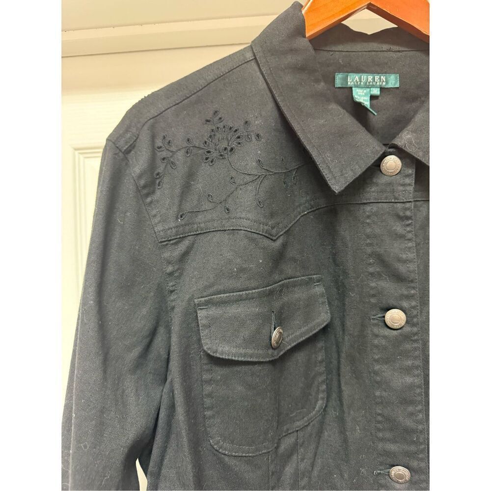 Lauren Ralph Lauren Black Linen Blend Denim Style Eyelet Cut Out Jacket sz 3X  E - Picture 3 of 7